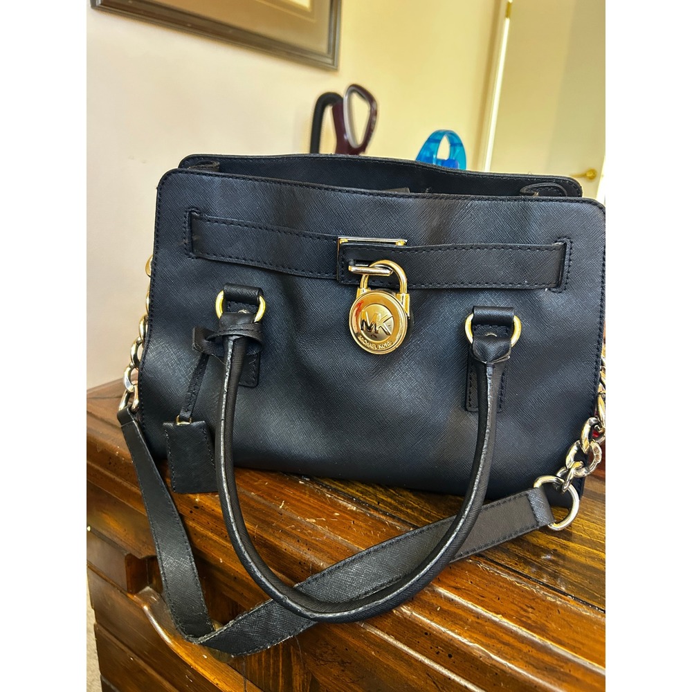 Michael Kors Hamilton Satchel Black Saffiano Leather Gold Padlock Handbag Bag